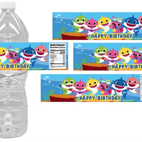 Shark Birthday Water Bottle Labels, Happy Birthday Party Decorations, Set of 12 - Picture 2 of 5